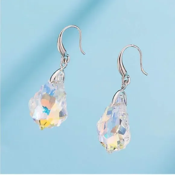 Silver with Iridescent AB Austrian Crystal Baroque Dangling Drop Hook Earrings